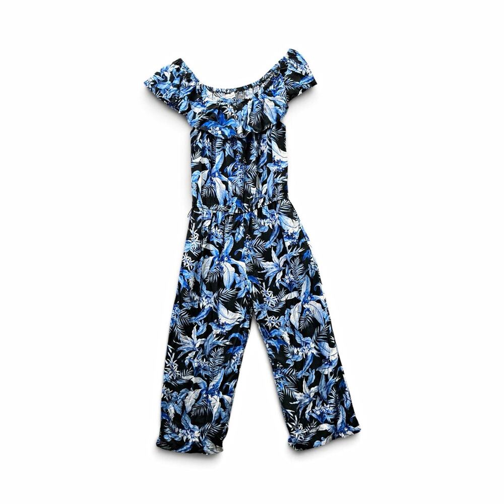 Tommy Bahama Petites XS Blue Tropical Floral Ruffle Jumpsuit Rayon Woven